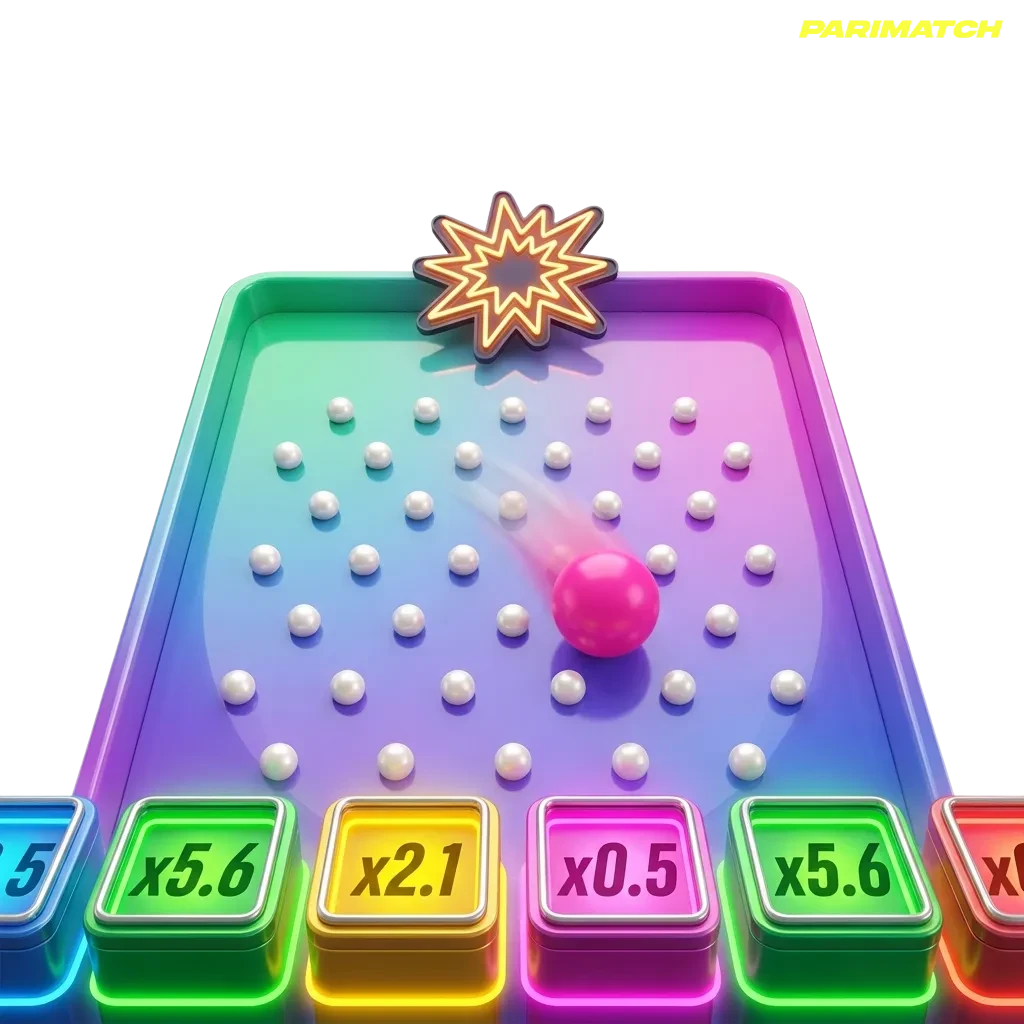 Parimatch Plinko game with multipliers and falling ball on casino screen.