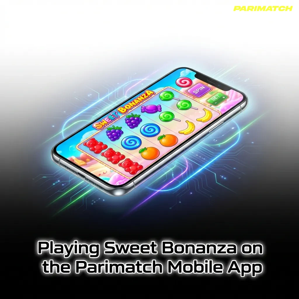 Sweet Bonanza slot game interface on Parimatch mobile app showing colorful candy symbols and spin controls on smartphone screen