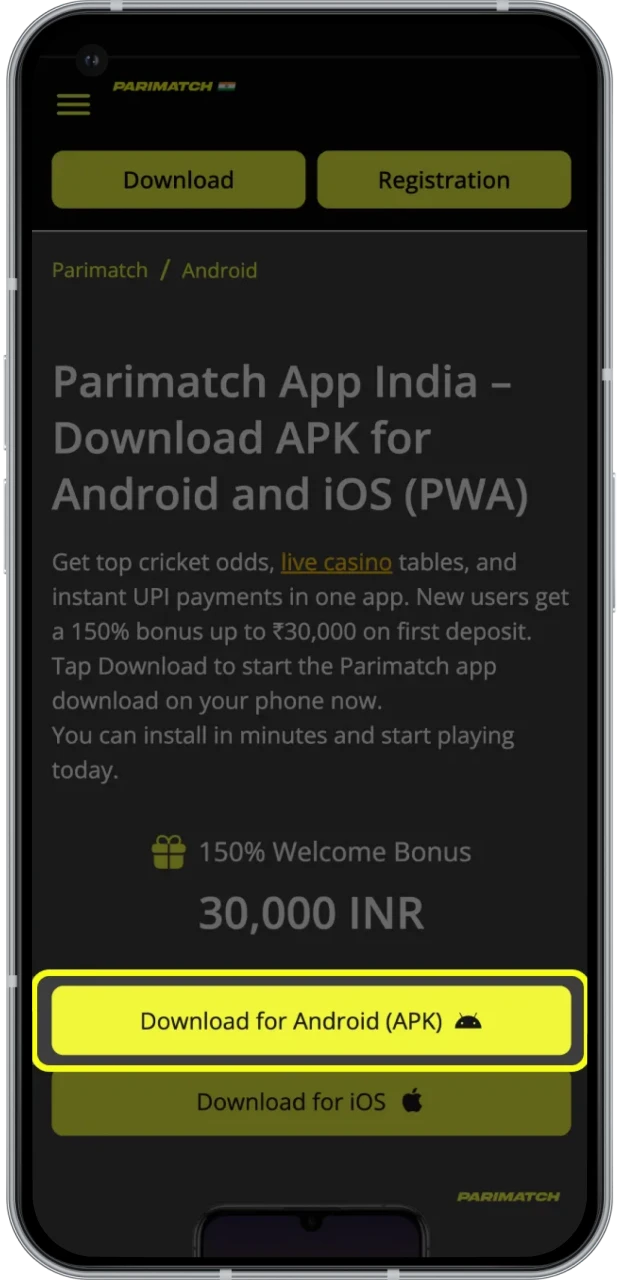 Click the Parimatch app download button for Android.