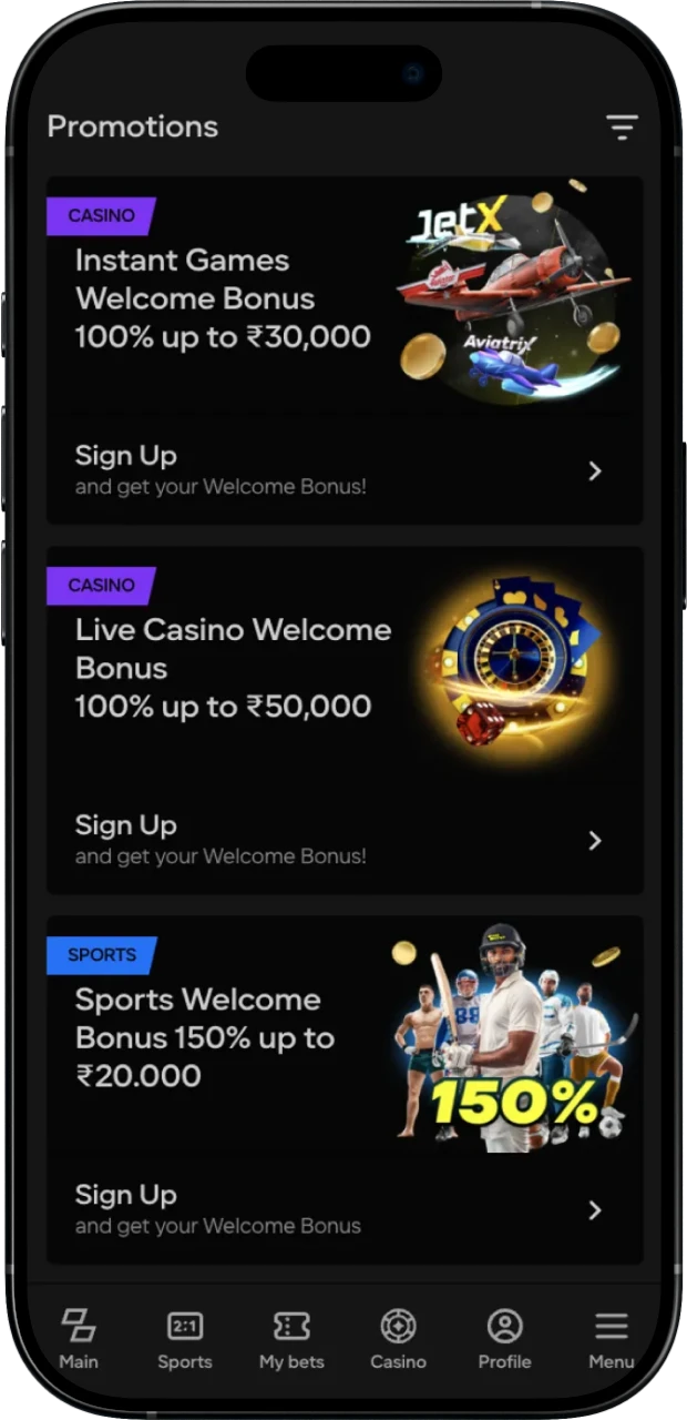 You can easily find sports and casino betting bonuses thanks to the simple interface of the Parimatch app.