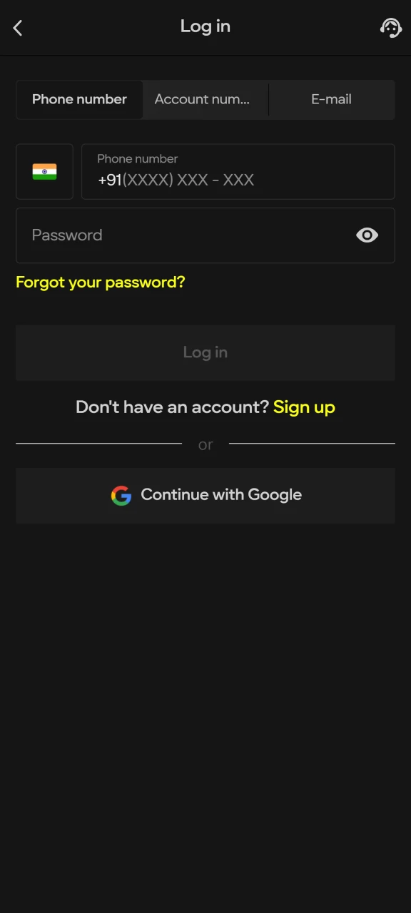Log in to your Parimatch account on your Android device.