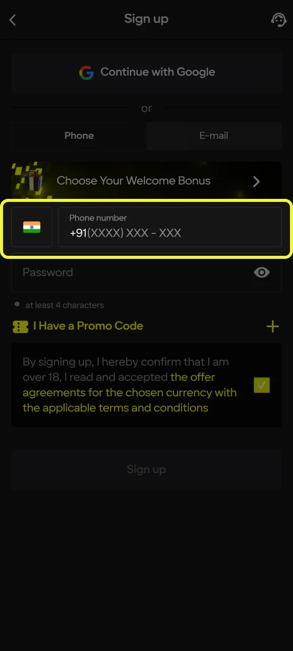 Fill in the required information on the Parimatch website.