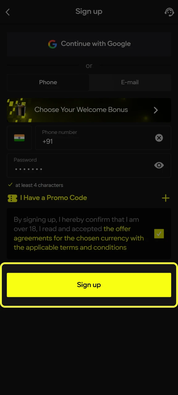 Complete the registration process on the Parimatch platform.