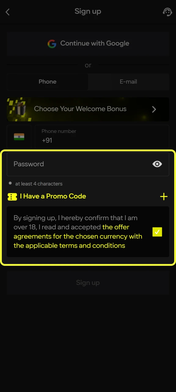 Enter your password, promo code, and agree to Parimatch's terms and conditions.