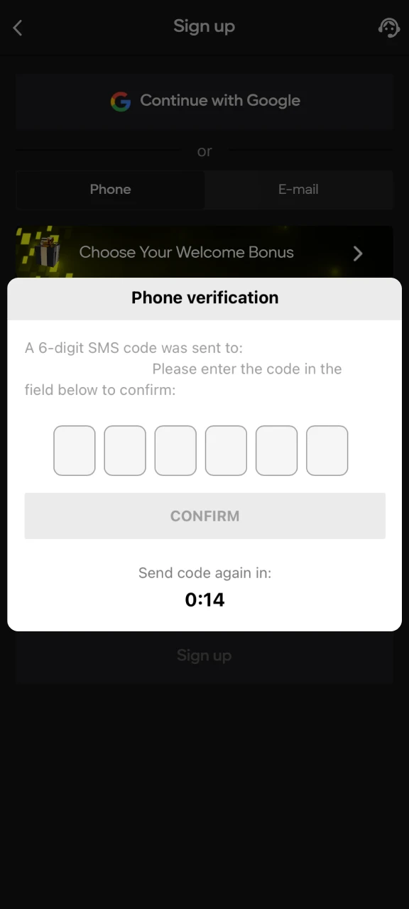 Verify your phone number or email address at Parimatch.