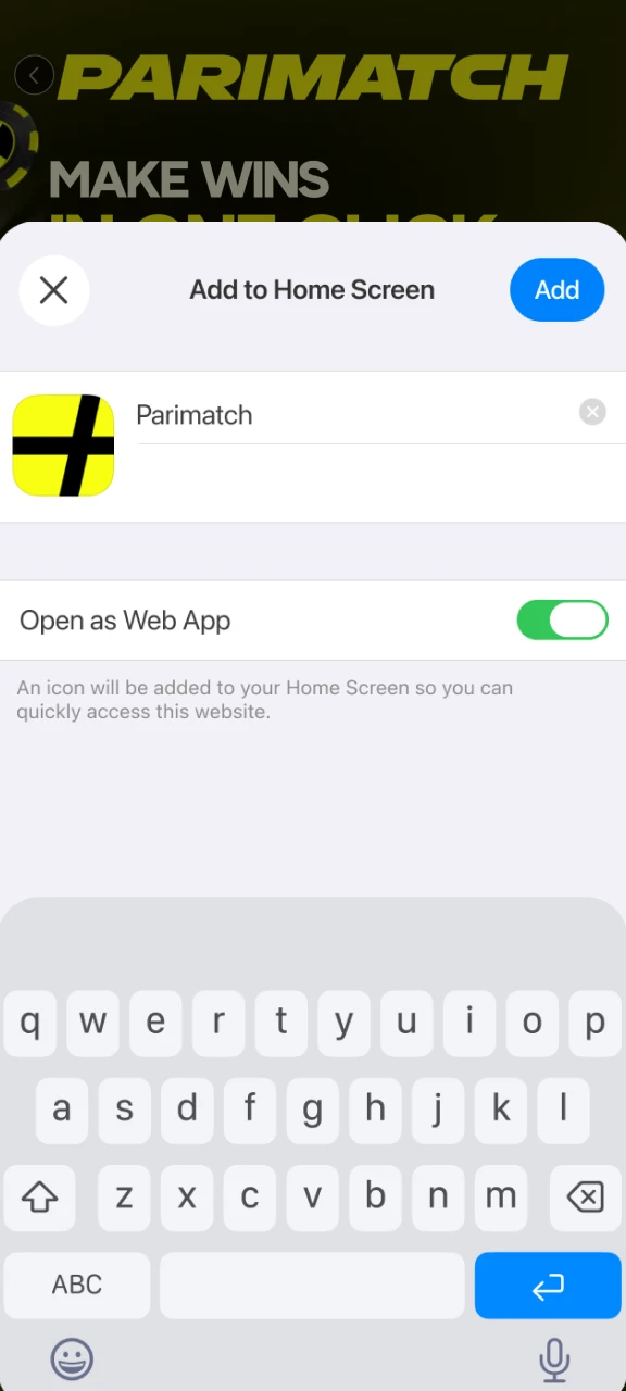 Enter the name of the shortcut and add the web version of Parimatch to the home screen.