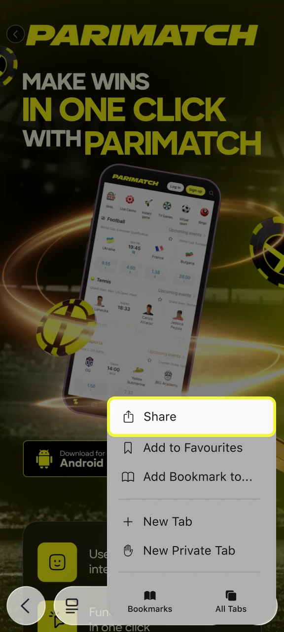 Click Share to open the browser menu and add Parimatch to your home screen.